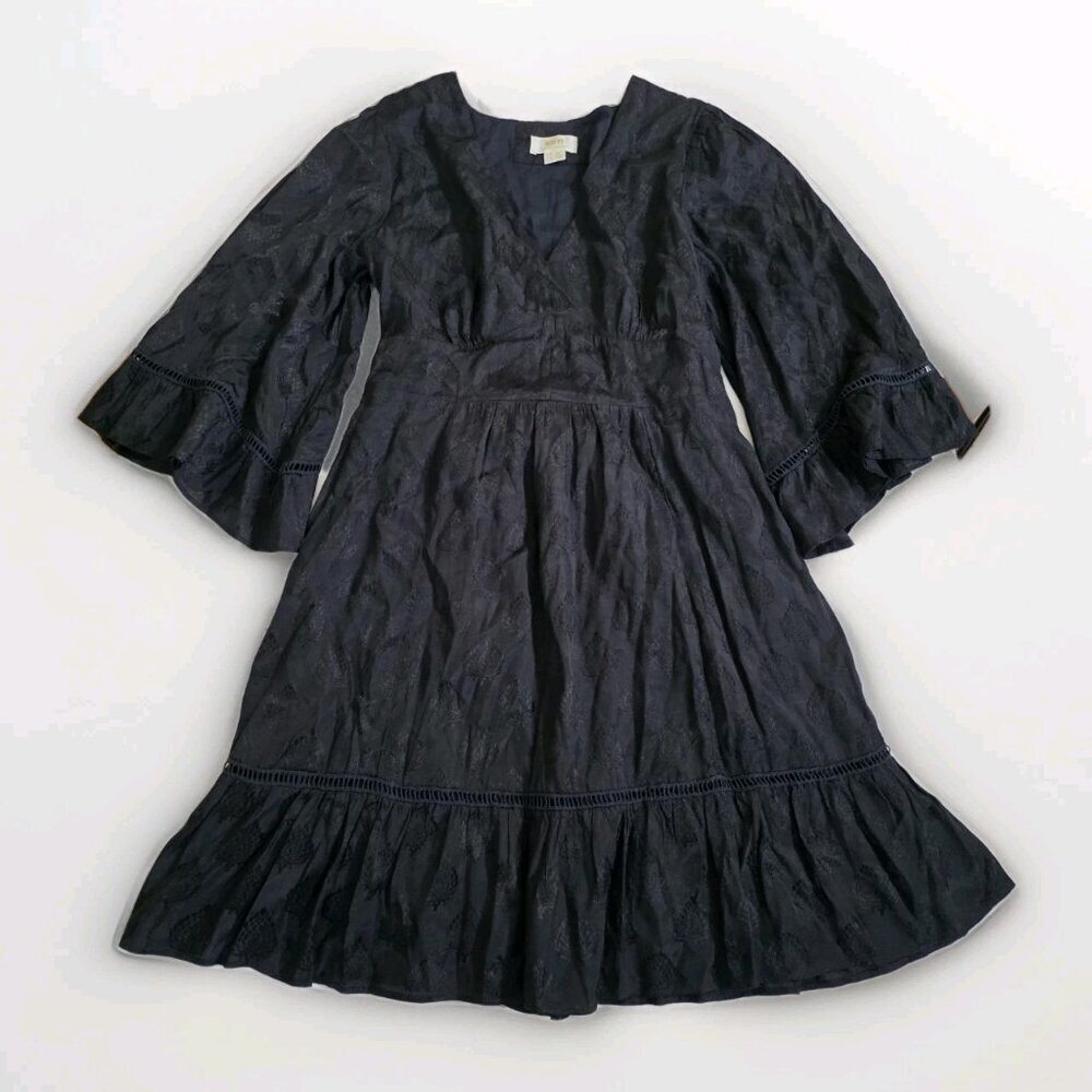 Maeve Christine Dress Women 8 Black Floral Satin Belted Eyelet Lined Whimsigoth - Picture 10 of 16